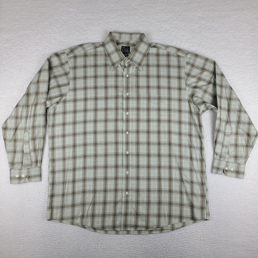 Jos A Bank Shirt Mens XL Brown Green Plaid Traveler Collection Dress Button Down